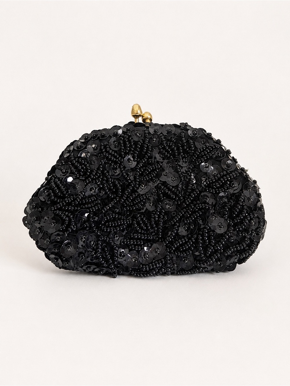 K. Gimbel Black Beaded Sequin Evening Coin Purse Gold Kiss Lock Hong Kong